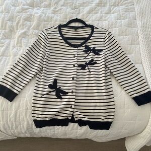 Talbots white and black stripped cardigan with dragonfly accents